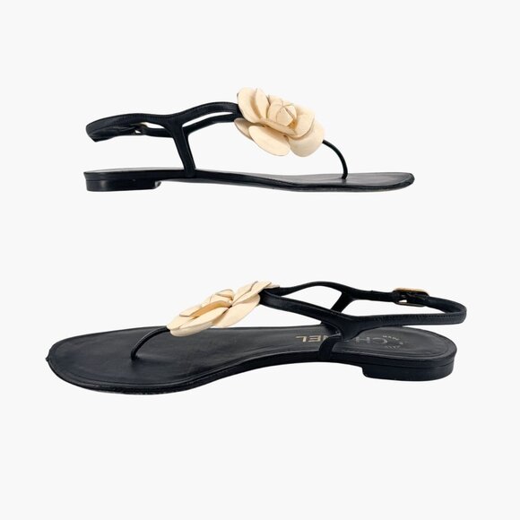 Chanel Camellia Flower CC Sandals Size 37.5C US 6.5-7 Black Leather Flat T-Strap - Picture 10 of 14